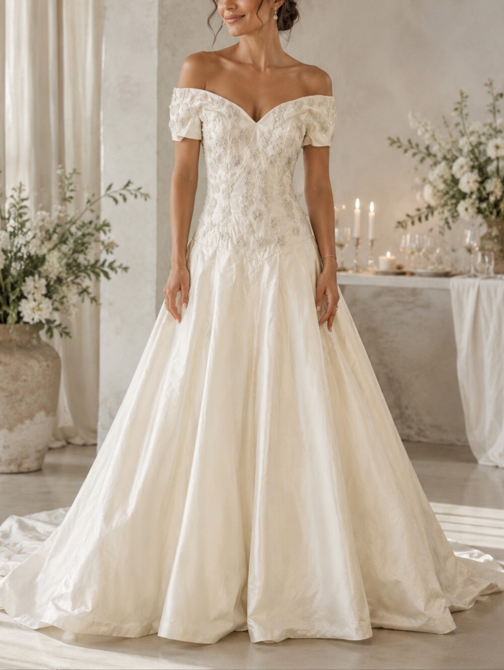 Demetrios Vintage 80s 90s Ivory Taffeta Lace Off Shoulder Wedding Dress sz 10
